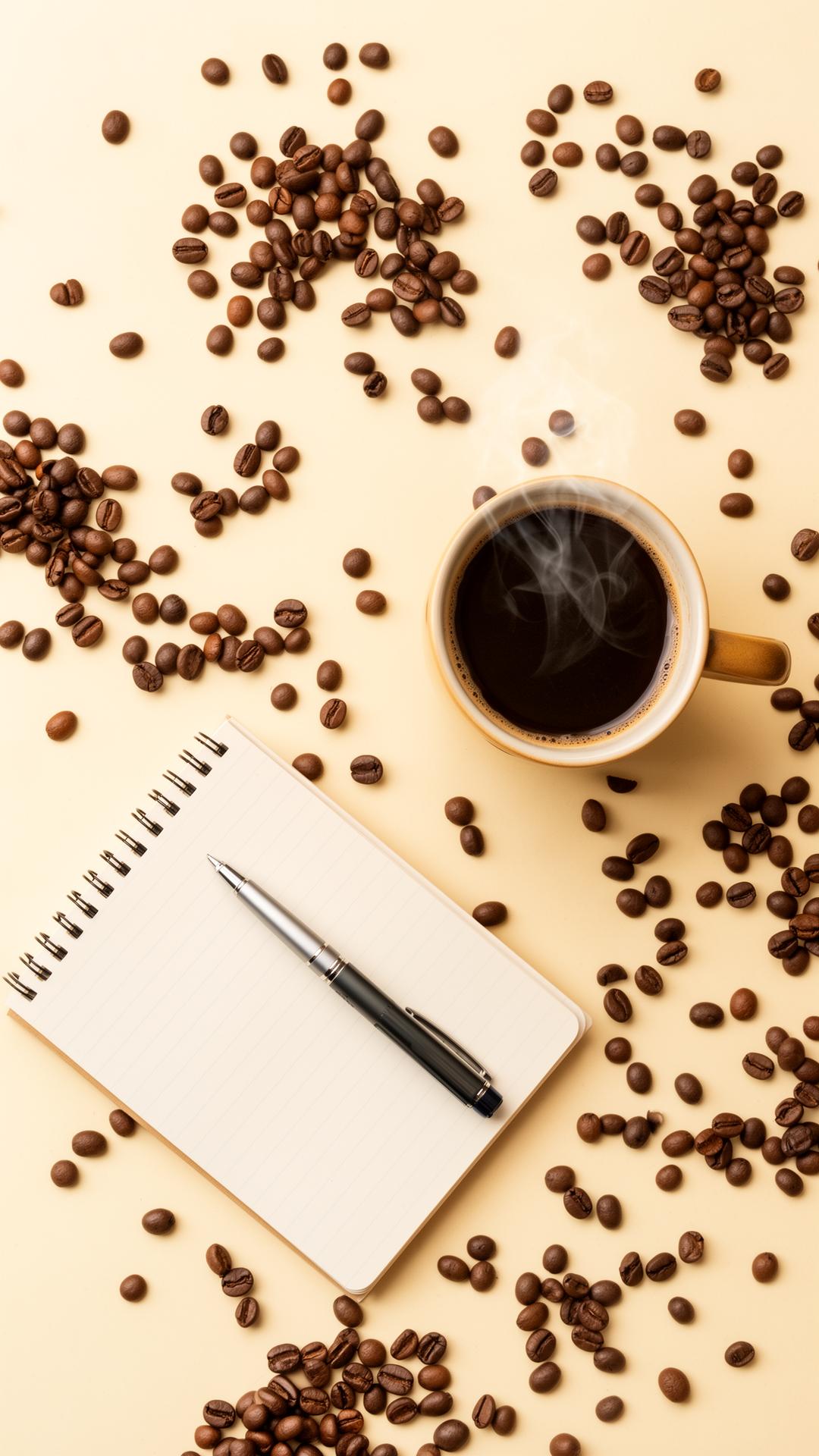 Coffee, notebook, and beans on a warm workspace
